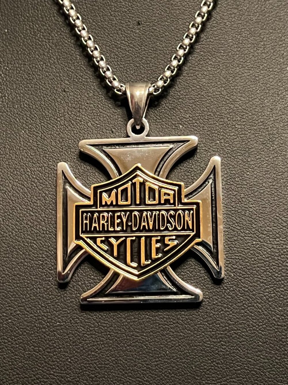 Harley Motorcycle 2-Tone Stainless Steel Iron Cross Pendant Necklace (483)